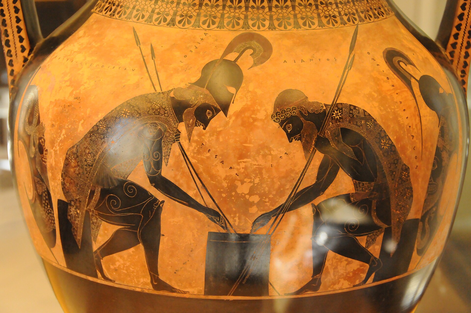 Black-figure amphora showing Achilles and Ajax bent over a board game, painted around 530 BC