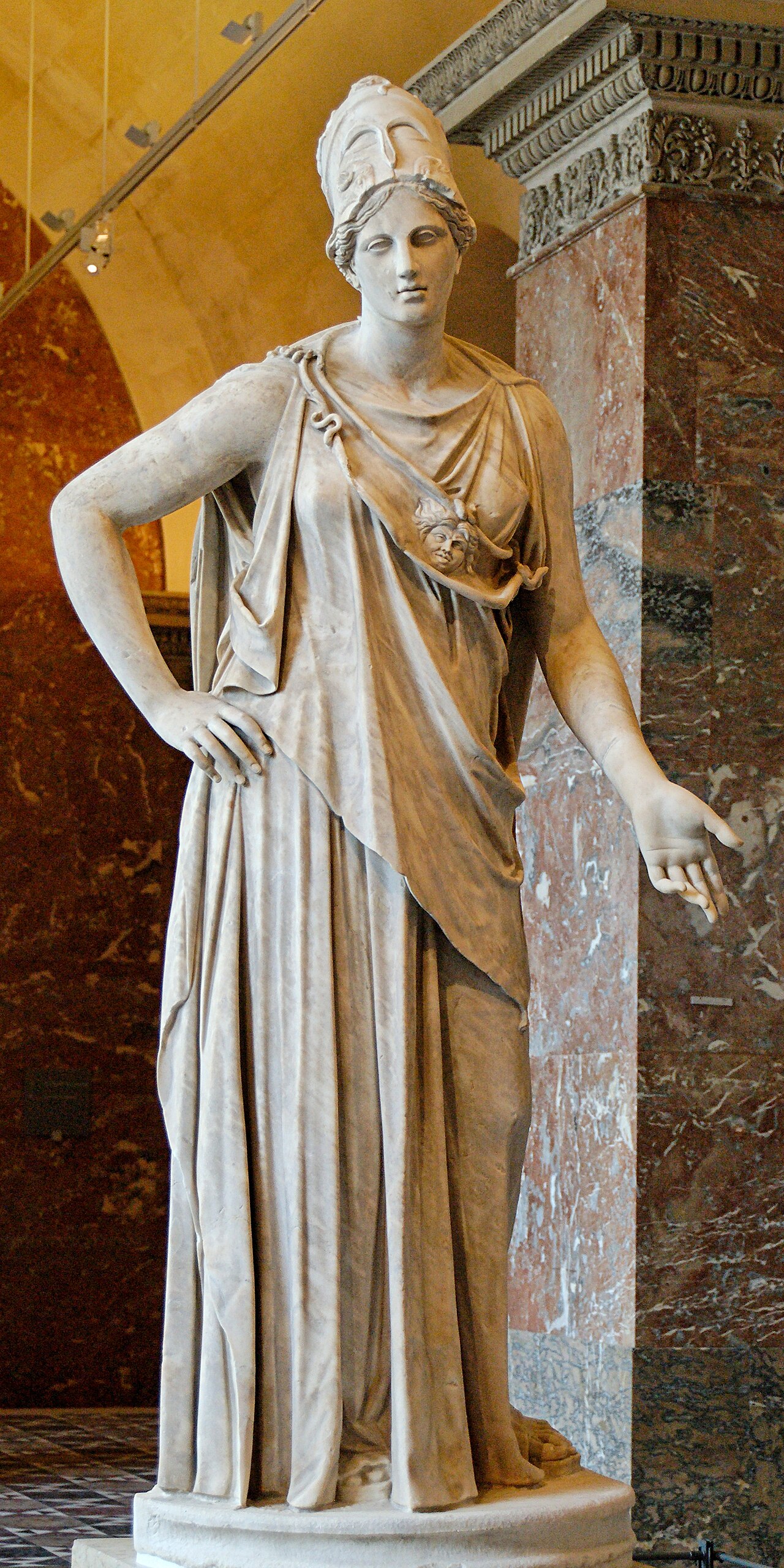 Marble statue of Athena in helmet and aegis, the Mattei Athena in the Louvre